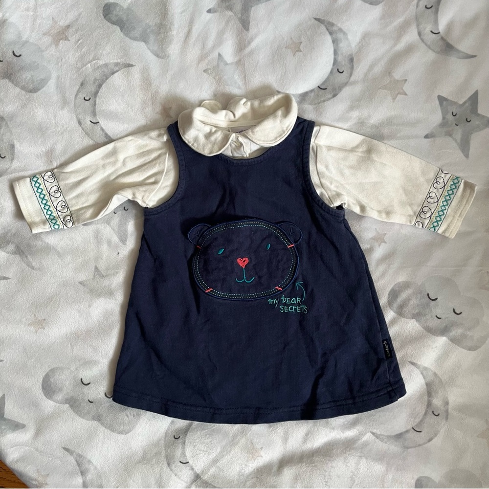 Vintage Carters - Navy Blue Bear Dress with White Sleeves - 6-9 Months
